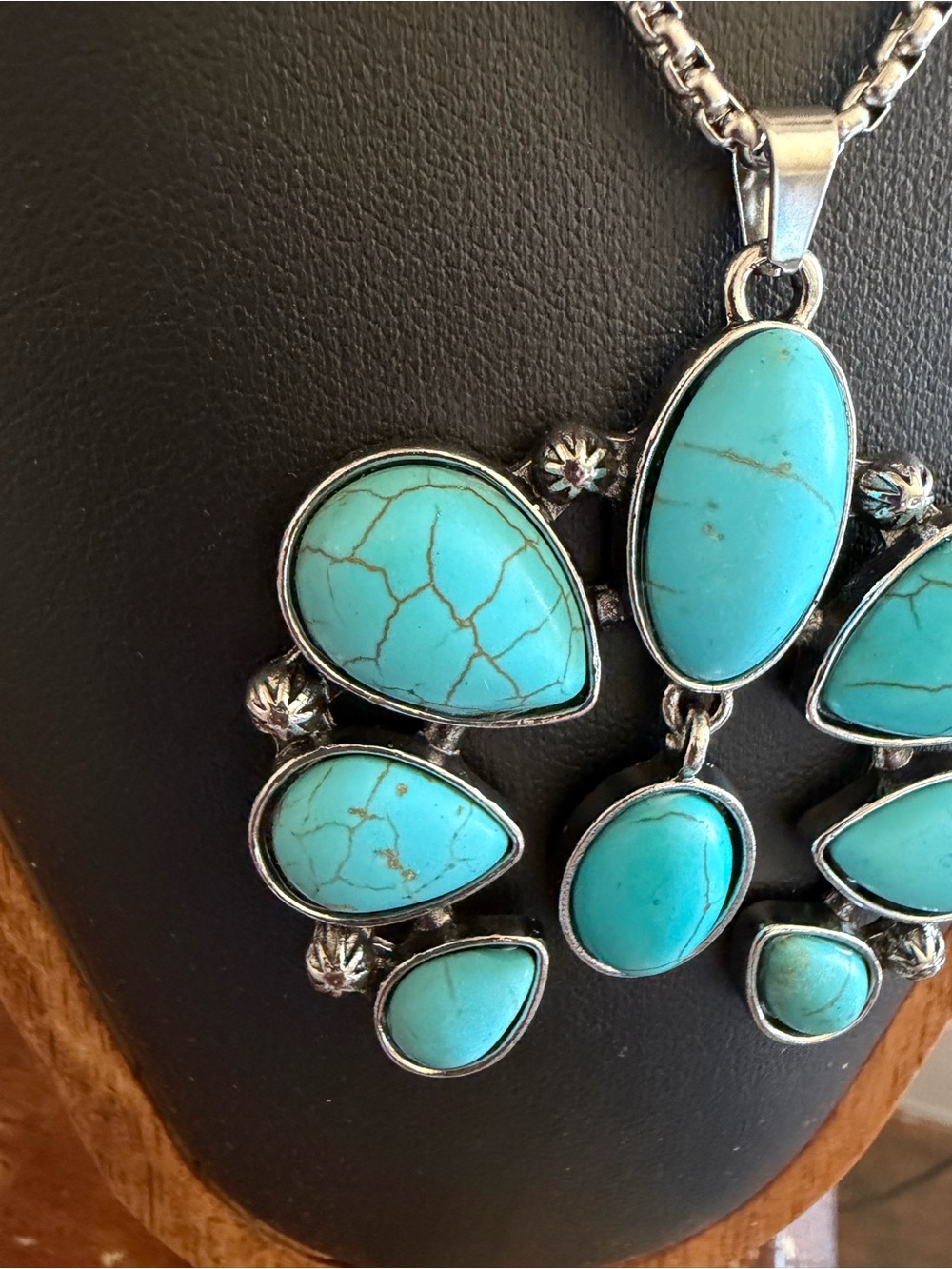 Western Squash Statement Faux Turquoise Necklace Silver Tone Southwest - Picture 3 of 6